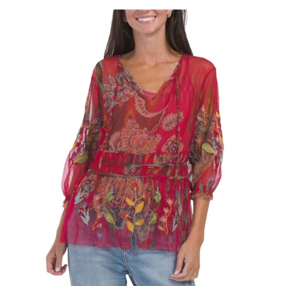 Johnny Was Red Floral Sheer Blouse
